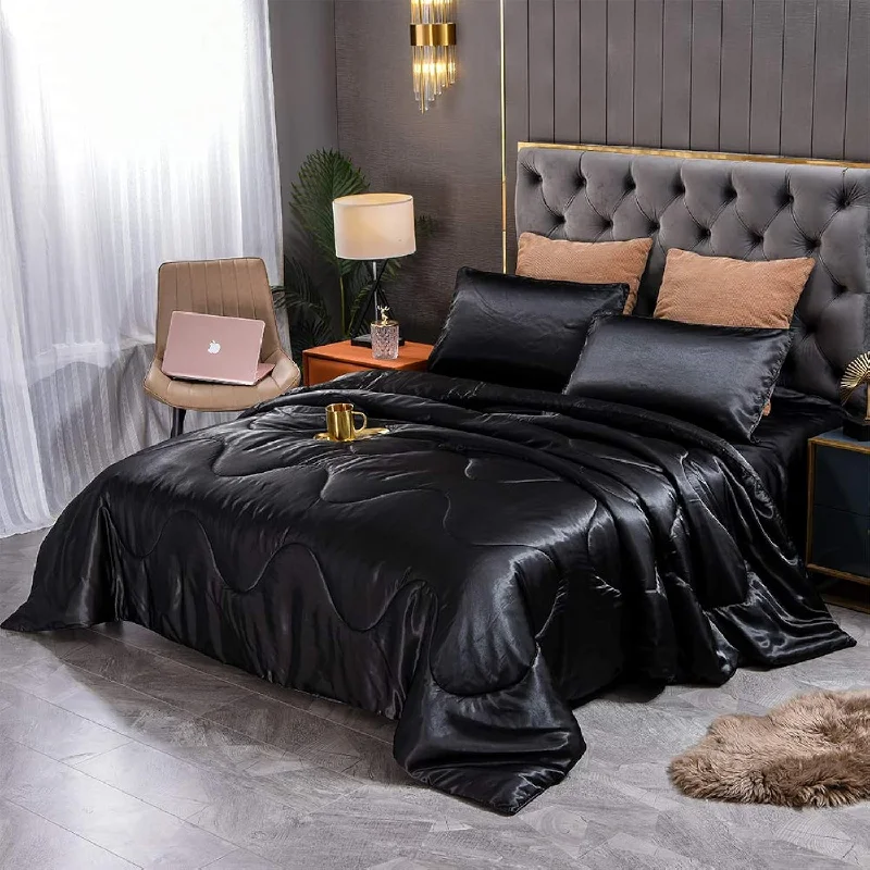 Pillow with ventilated benefits-Satin Comforter Set Queen Size, Black Silk Bedding Set With 2 Pillowcases, Lux