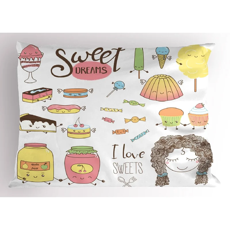 Pillow with stain-resistant reviews-Saying Pillow Sham, Teen Girl Dreaming About Sweets Food Doodle Characters Kaw