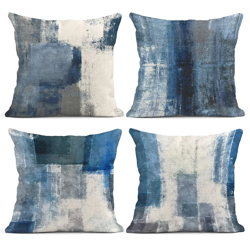 Pillow with bamboo benefits-Set Of 4 Throw Pillow Covers Blue And Grey White Art Artwork Contemporary Deco