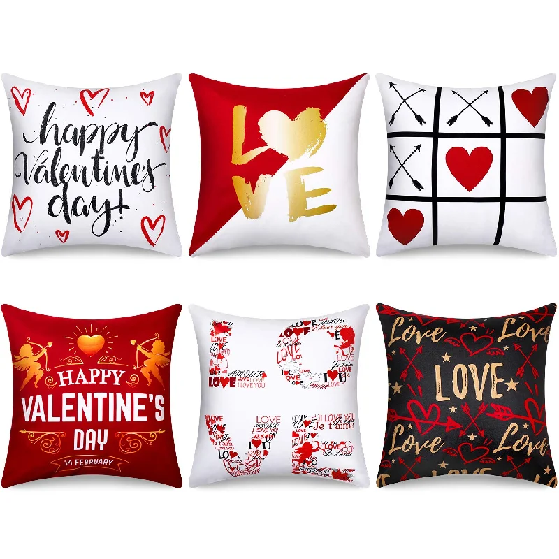 Pillow with local craftsmanship-Set Of 6 Valentine'S Day Pillow Covers 18 X 18 Inch Happy Valentine'S Day Love