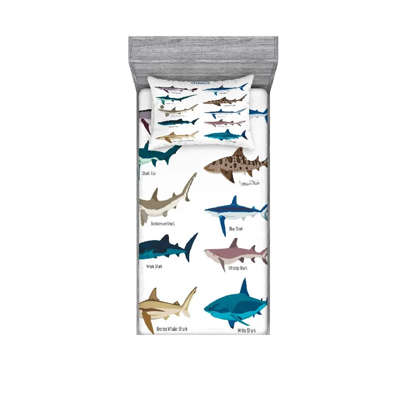 Pillow with modern appeal-Shark Fitted Sheet & Pillow Sham Set Types Of Sharks Pattern Whaler Piked Dogf