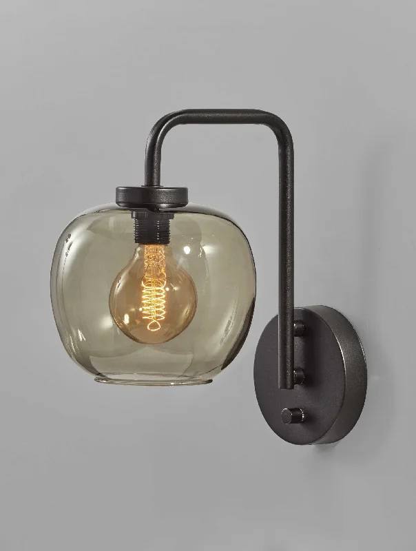 Smoked Glass Globe Shade With Vintage Edison Bulb And Matte Black Metal Wall Lamp