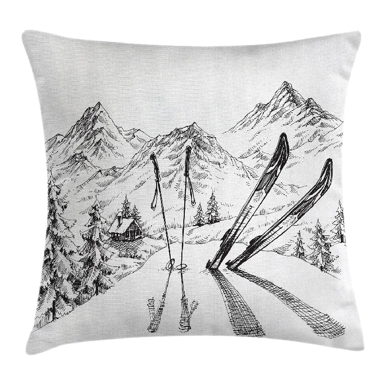 Pillow with green benefits-Sports Throw Pillow Cushion Cover, Winter Seasonal Activity Skiing With Gear S