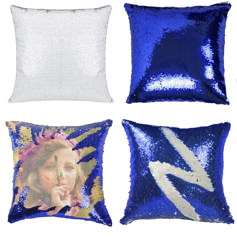 Pillow with soft filling-Sublimation Sequin Pillow Blanks 16''X16'' 4Pcs Blue Sequin Pillow Covers Subl