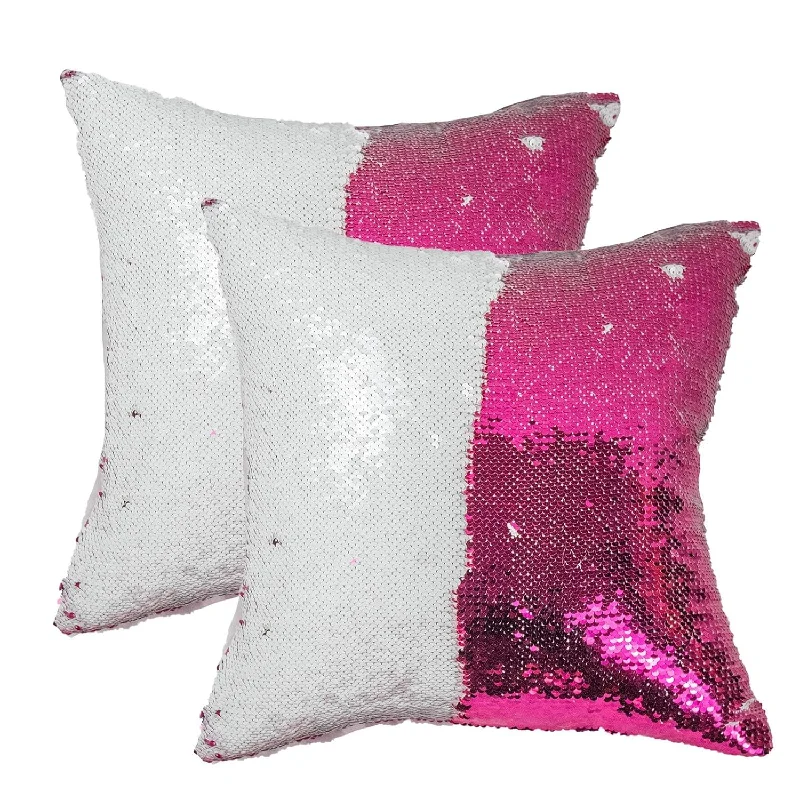 Pillow with visible zipper-Sublimation Sequin Pillow Case Blanks 16''X16'' 2Pcs Hot Pink Flip Reversible