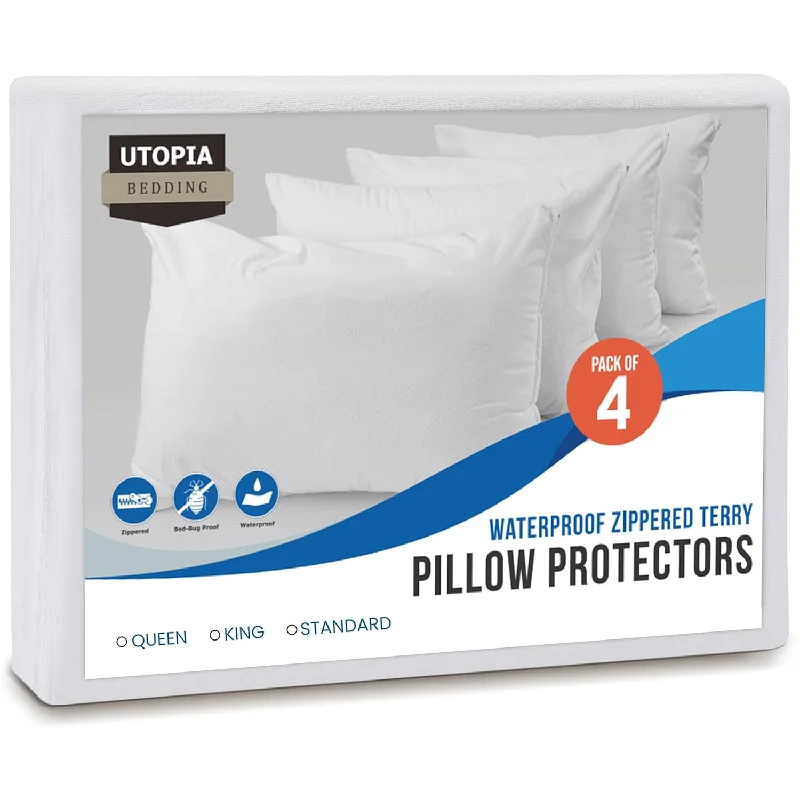 Pillow with bulk purchase-Waterproof Pillow Protectors Zippered (4 Pack), Standard White, Terry Pillow E