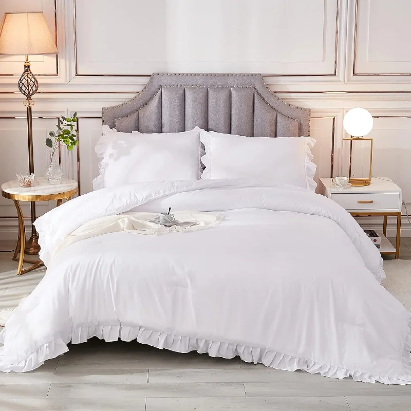 Pillow with limited benefits stock-White Comforter Queen Set(90X90Inch), 3 Pieces(1 Ruffle Comforter And 2 Pillow