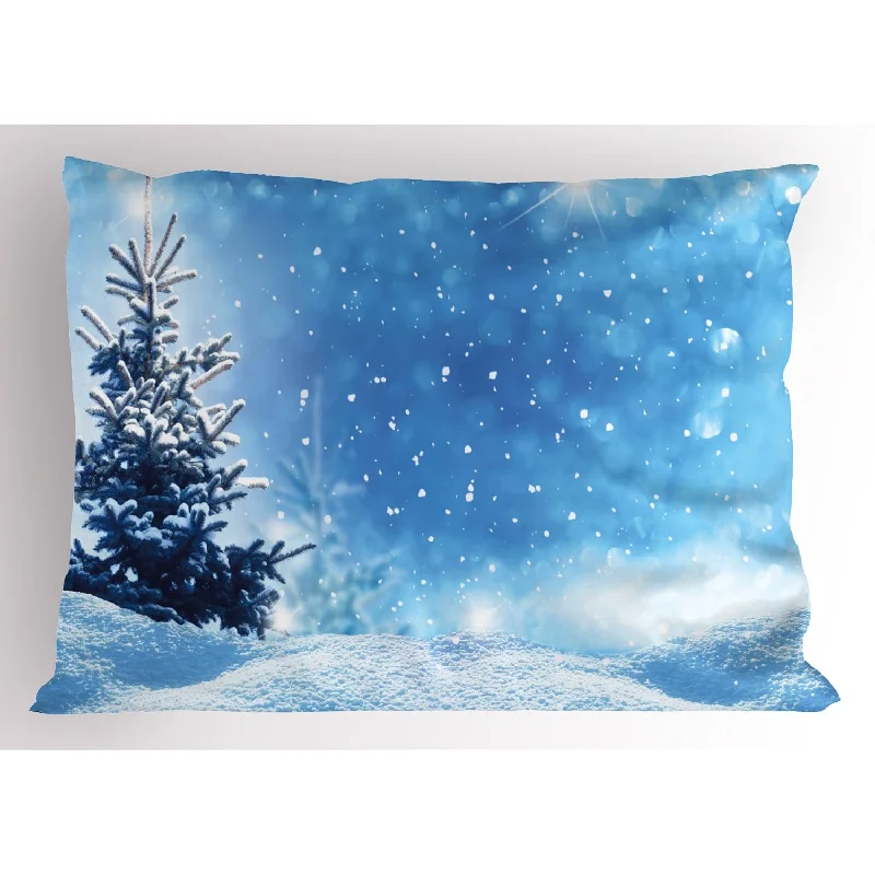 Pillow with hand-washable reviews-Winter Pillow Sham, Rendition Of Snowy Season Of Year Frozen Pine Tree Snowfla