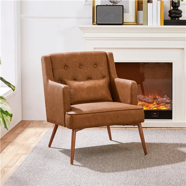 Pillow with bespoke design-Yaheetech Living Room Chair Mid Century PU Leather Armchair Lumbar Pillow