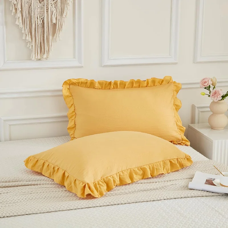 Pillow with portable size-Yellow Pillow Shams Cute Ruffle Standard Pillowcases Solid Pillow Cover Set Of