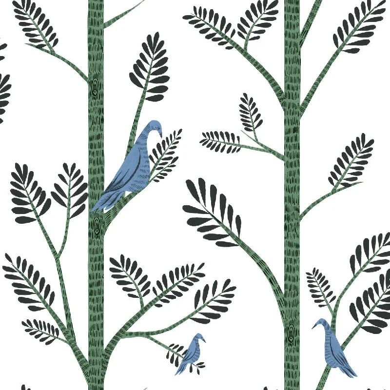 How to buy wallpaper rolls-Aviary Branch Peel & Stick Wallpaper in Blue and Green from the Risky Business III Collection