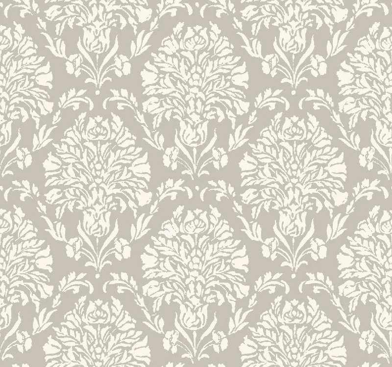 Best wallpaper for beige tones-Block Print Damask Wallpaper in Grey from the Handpainted Traditionals Collection