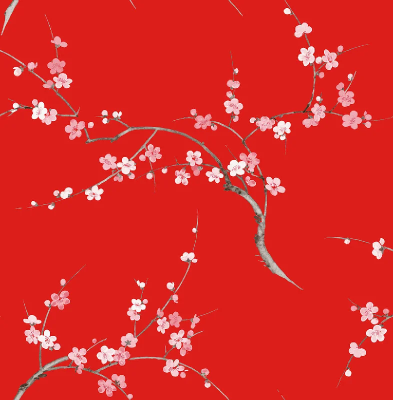 Wallpaper with bold geometric-Cherry Blossom Floral Peel-and-Stick Wallpaper in Scarlet and Petal Pink