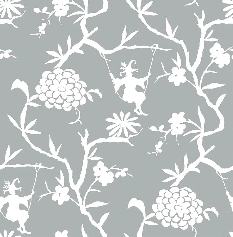 Removable wallpaper for kids rooms-Chinoiserie Silhouette Peel-and-Stick Wallpaper in Silver