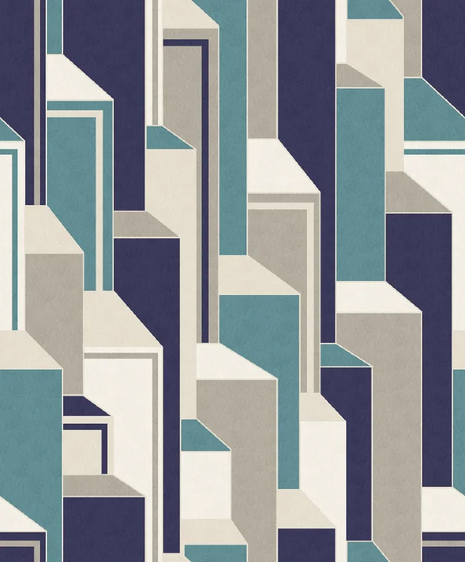 Modern wallpaper for bedrooms-Deco Geometric Wallpaper in Perry Teal and Indigo from the Mondrian Collection