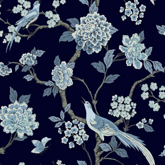 Best wallpaper with tropical patterns-Fanciful Wallpaper in Navy from the Grandmillennial Collection