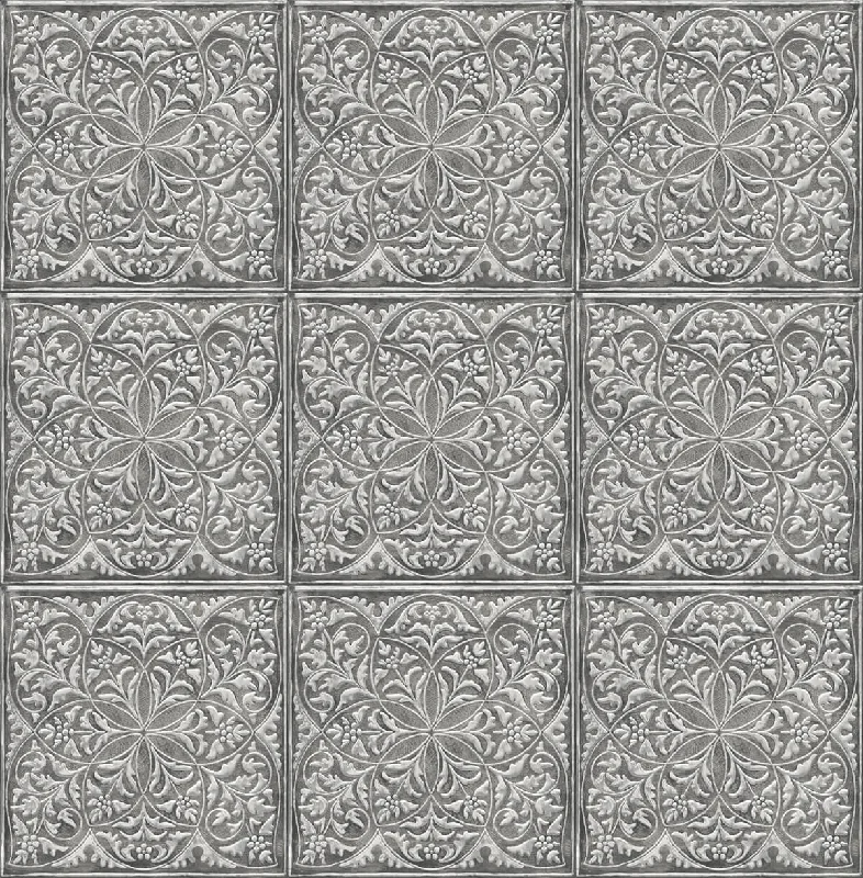 Best wallpaper for coral hues-Faux Embossed Tile Peel-and-Stick Wallpaper in Silver and Charcoal