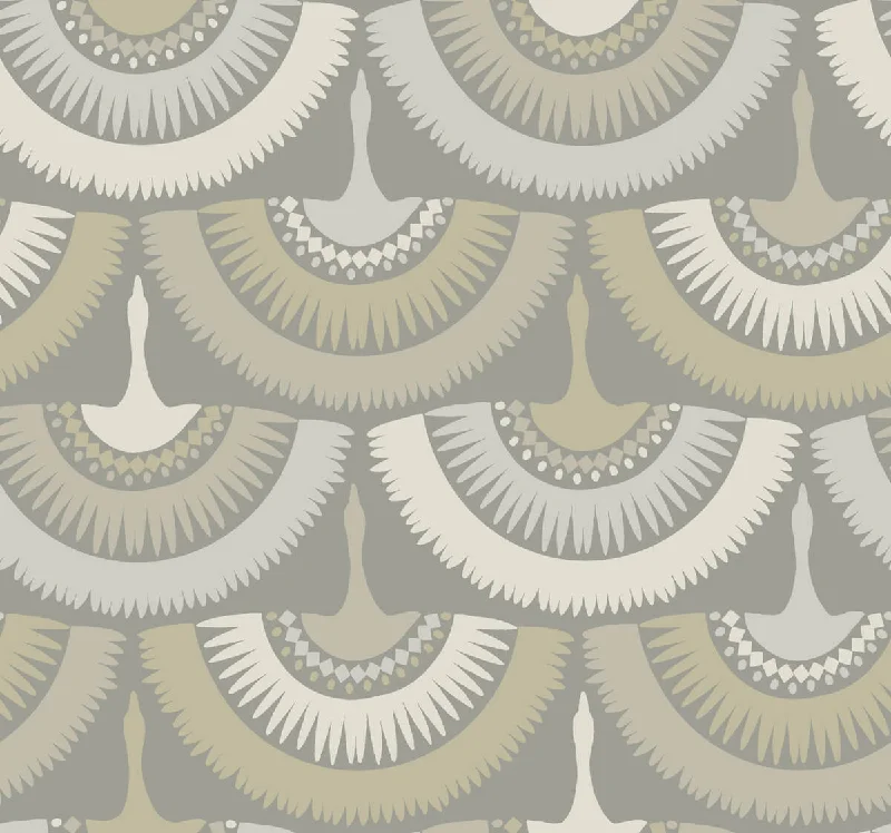 Affordable wallpaper with stripes-Feather and Fringe Wallpaper in Grey from the Bohemian Luxe Collection by Antonina Vella