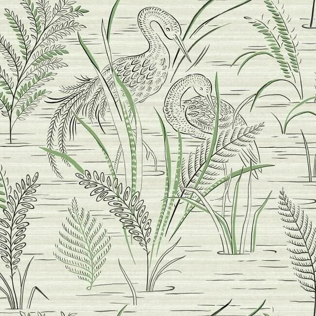 Cheap wallpaper with floral-Fernwater Cranes Wallpaper in Black and Green from the Grandmillennial Collection