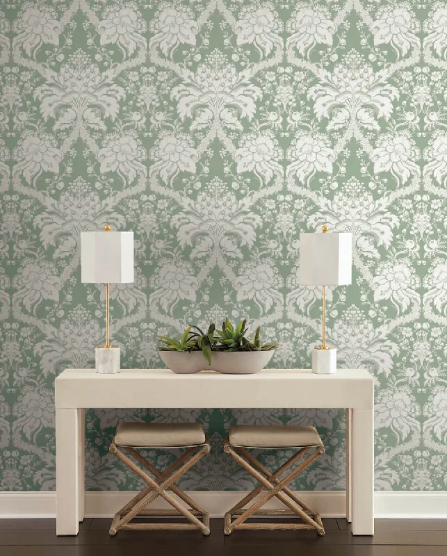 Affordable wallpaper with patterns-French Artichoke Wallpaper in Green from Damask Resource Library