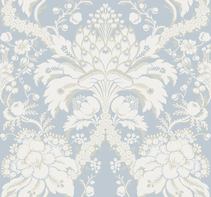 Best wallpaper for blue hues-French Artichoke Wallpaper in Perwinkle from Damask Resource Library