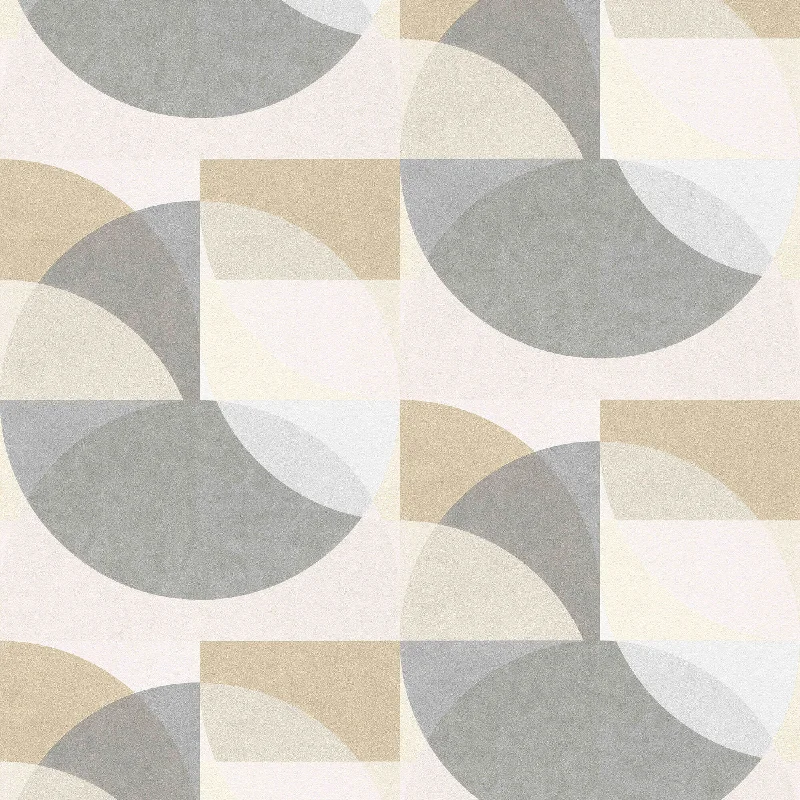 Vinyl wallpaper for bathrooms-Geometric Circle Graphic Wallpaper in Mustard/Grey/Beige from the ELLE Decoration Collection