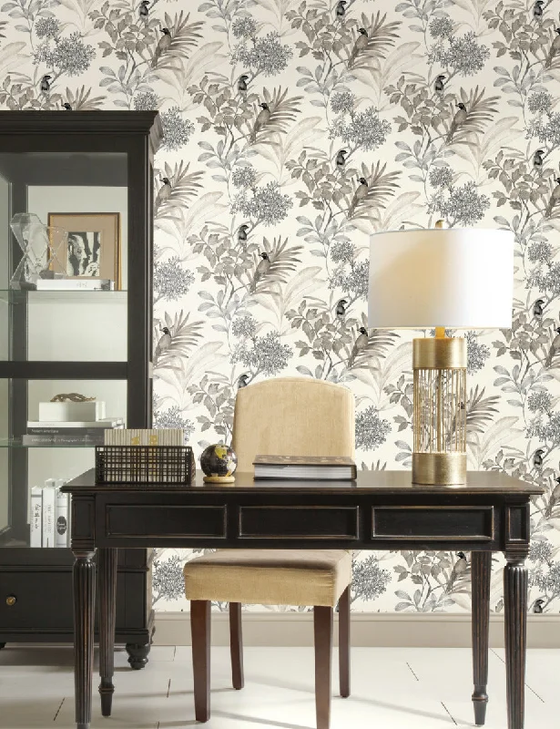 Affordable wallpaper with floral-Handpainted Songbird Wallpaper in Grey from the Handpainted Traditionals Collection