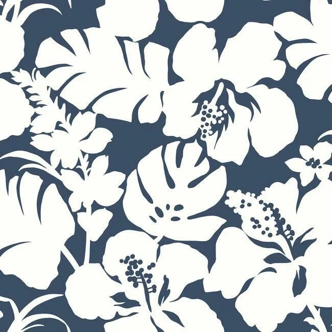 Affordable wallpaper with stripes-Hibiscus Arboretum Wallpaper in Navy from the Water's Edge Resource Library