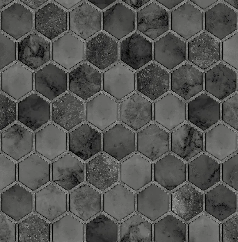 Affordable wallpaper with patterns-Inlay Hexagon Peel-and-Stick Wallpaper in Cosmic Black and Silver