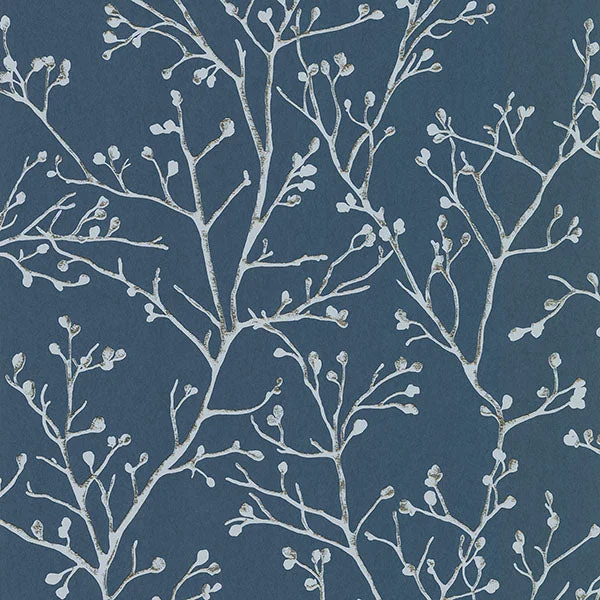 Vinyl wallpaper for kids rooms-Koura Sapphire Budding Branches Wallpaper from the Lustre Collection