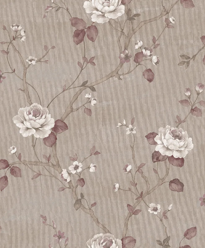 Vinyl wallpaper for hallways-Large Floral Beige/Purple Wallpaper from the Palazzo Collection