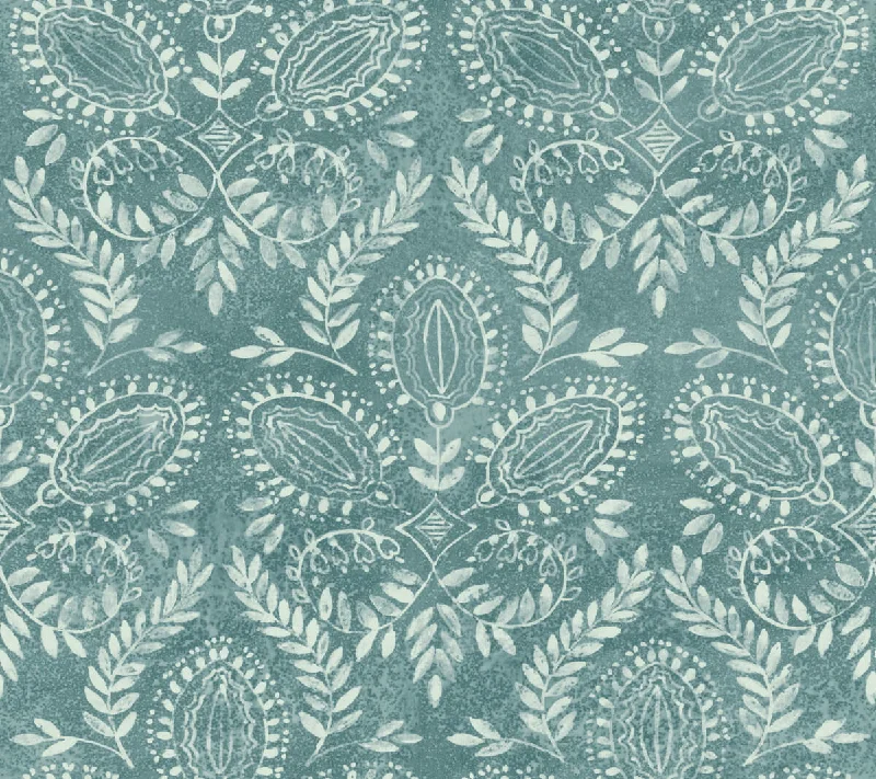 Durable wallpaper for hallways-Laurel Damask Wallpaper in Teal from the Bohemian Luxe Collection by Antonina Vella