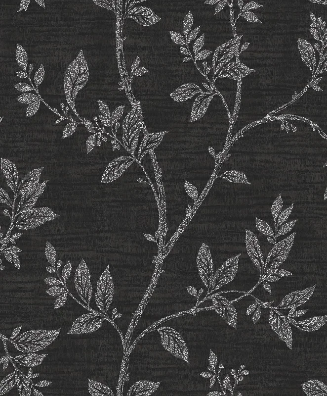 Top wallpaper for sleek style-Leaf Trail Wallpaper in Metallic Ebony and Glass Beads from the Essential Textures Collection