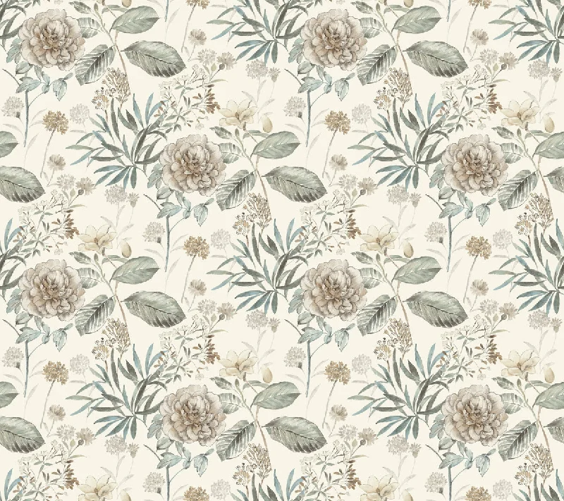 Wallpaper with subtle accents-Midsummer Floral Wallpaper in Beige/Green from the Handpainted Traditionals Collection