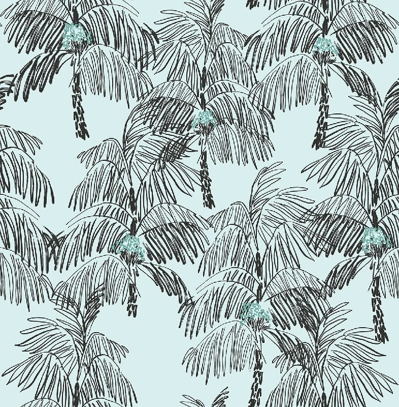 Top wallpaper for rustic decor-Palm Beach Peel-and-Stick Wallpaper in Sky Blue and Black