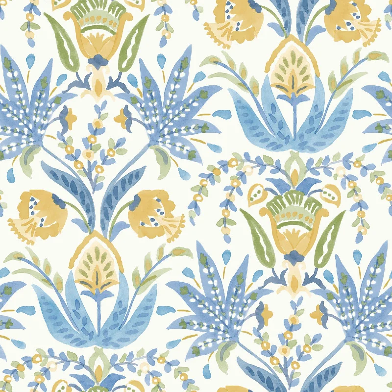 Peel-and-stick wallpaper for kids-Seaside Jacobean Wallpaper in White/Yellow/Blue from the Mediterranean Collection