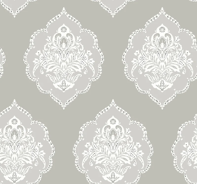 Top wallpaper for rustic vibes-Signet Medallion Wallpaper in Grey from Damask Resource Library