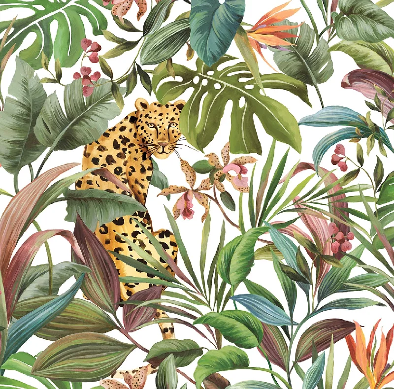 Peel-and-stick wallpaper for offices-Tropical Leopard White Peel & Stick Wallpaper from the Daisy Bennett Collection