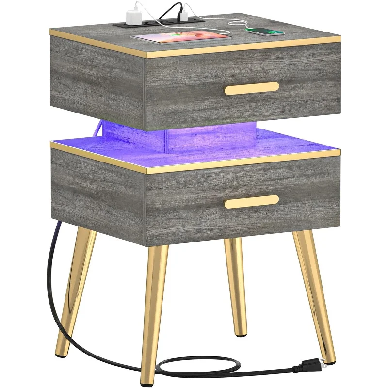 Kids bedroom furniture tips-28.5'' Nightstand with Charging Station, Tall Bedside Tables with Led Lights, Bed Side Table Night Stand with Drawers