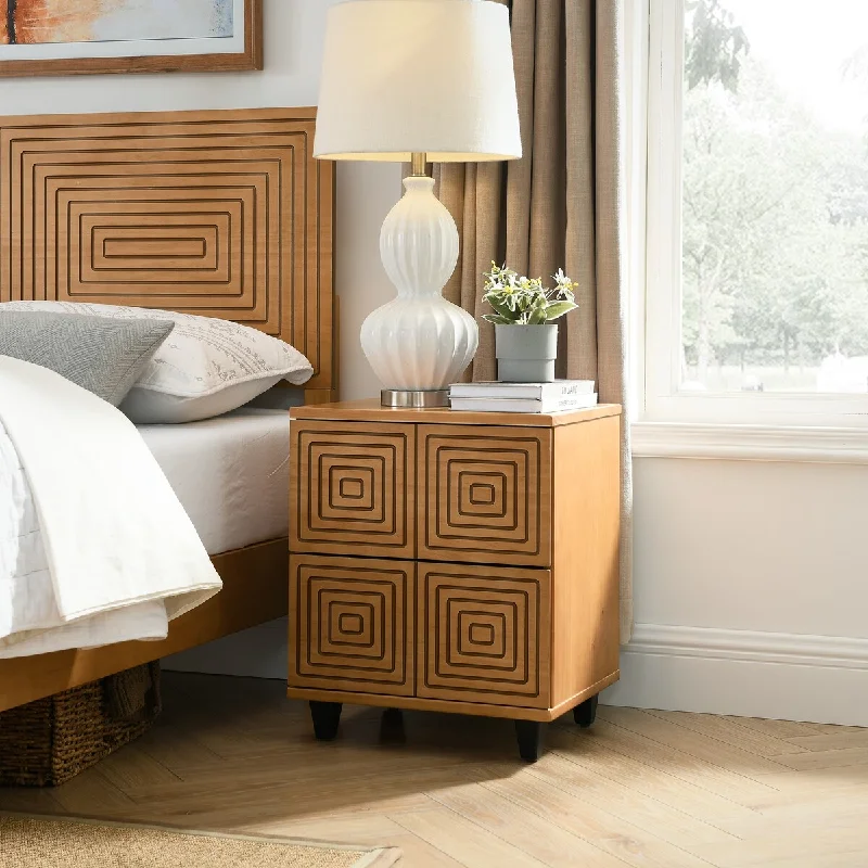 Bedroom wall lighting ideas-BIKAHOM Solid Wood 2 Drawer Storage Beside Table, Nightstand/End Table with Two Unique Geometric Details Drawers for Bedroom