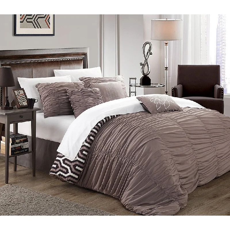 Cooling pillows for night-Chic Home Lester Brown Pleated Ruffled 11-piece Bed in a Bag