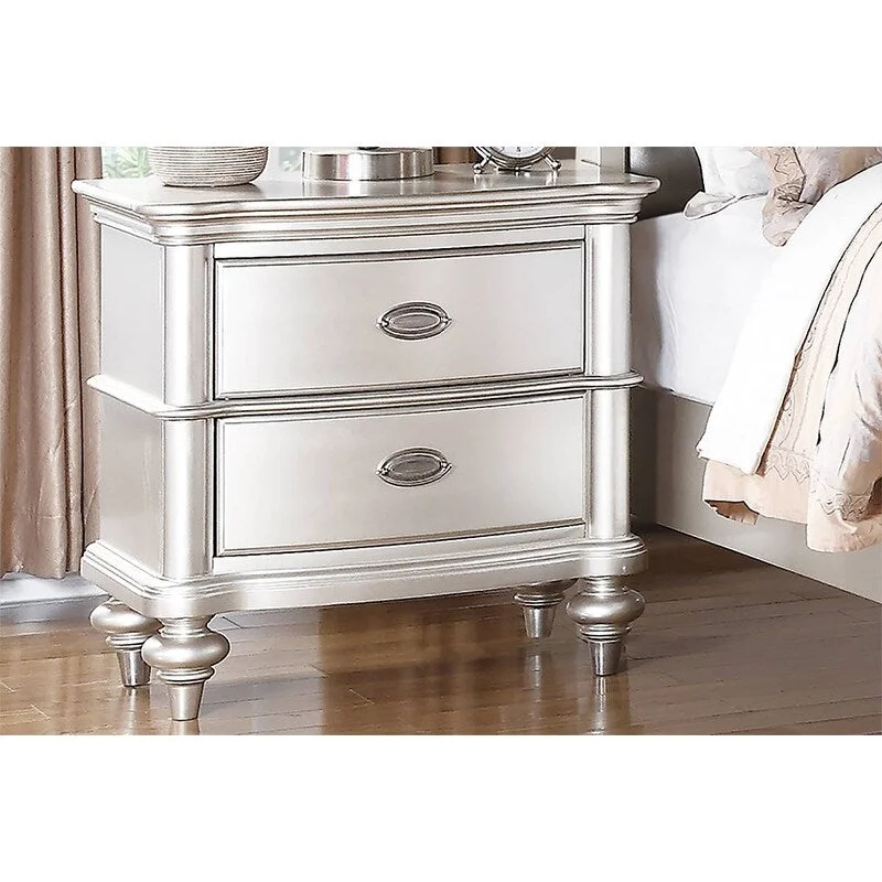 Bedroom ceiling decor ideas-Classic Bedroom Elegant Nightstand Beige / White Finish or Antique Silver 2-Drawers Bed Side Table Plywood