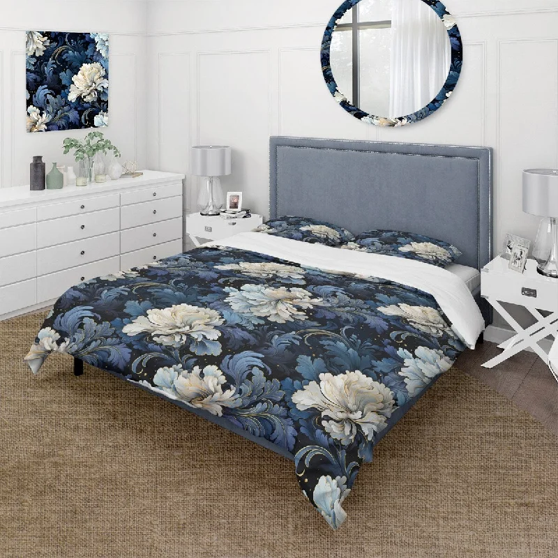 Small bedroom storage hacks-Designart "Astral Blue White Damask Radiance" Blue Damask bedding covert set with 2 shams