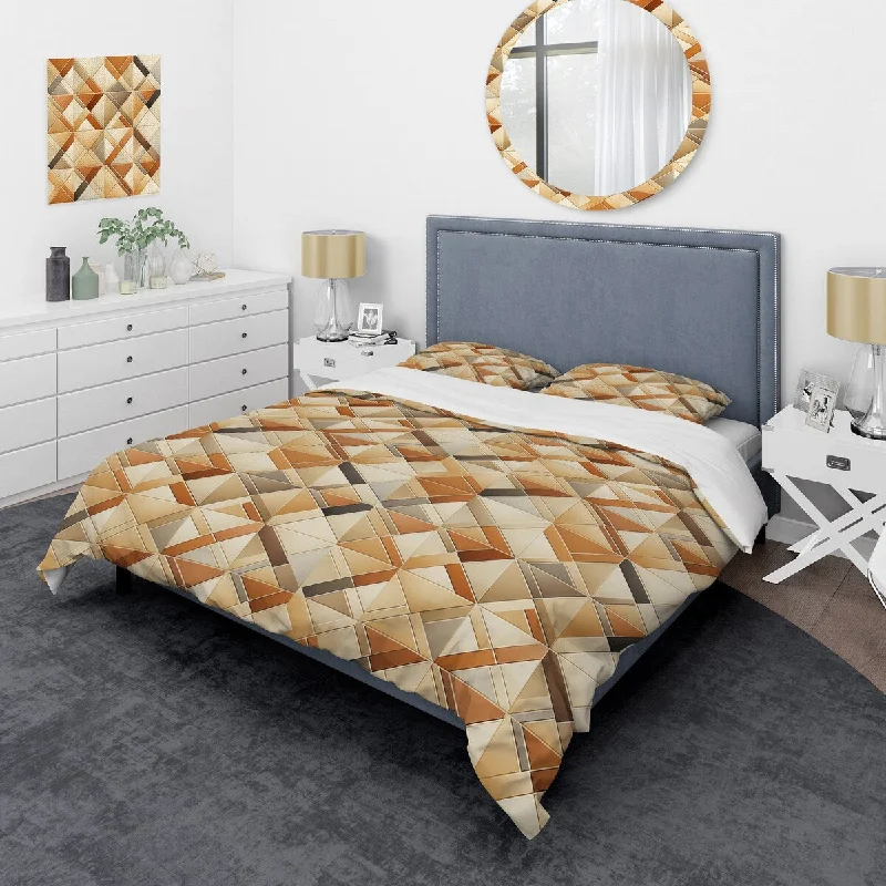 Cotton bed toppers-Designart "Beige And Brown Rustic Lattices Geometric" Brown Modern Bedding Set With Shams