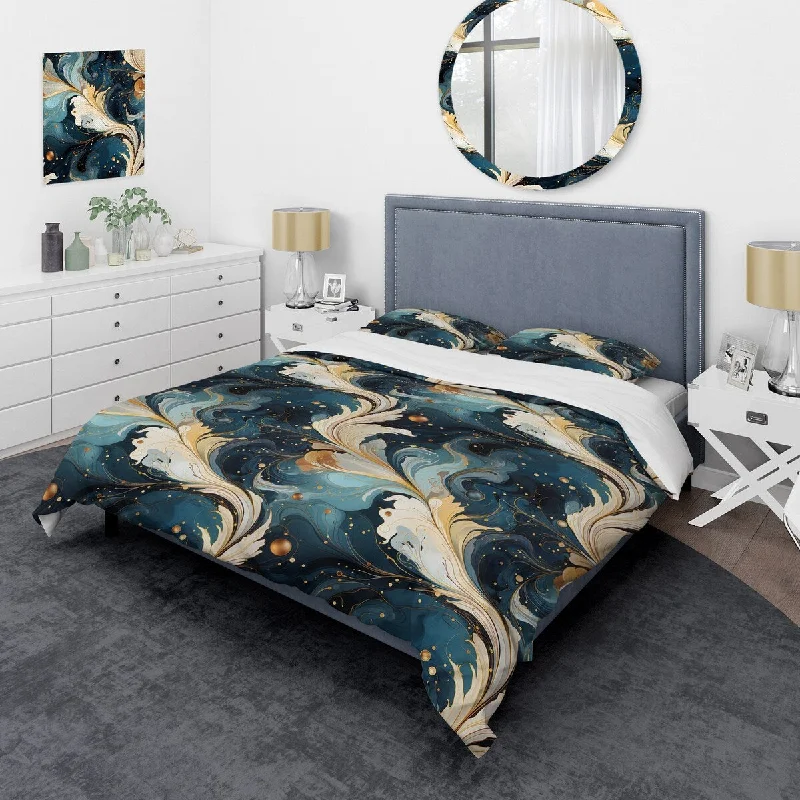 Luxury bed sheets online-Designart "Beige Cosmic Marble Elegant Whirls" Teal Glam Bedding Cover Set With 2 Shams