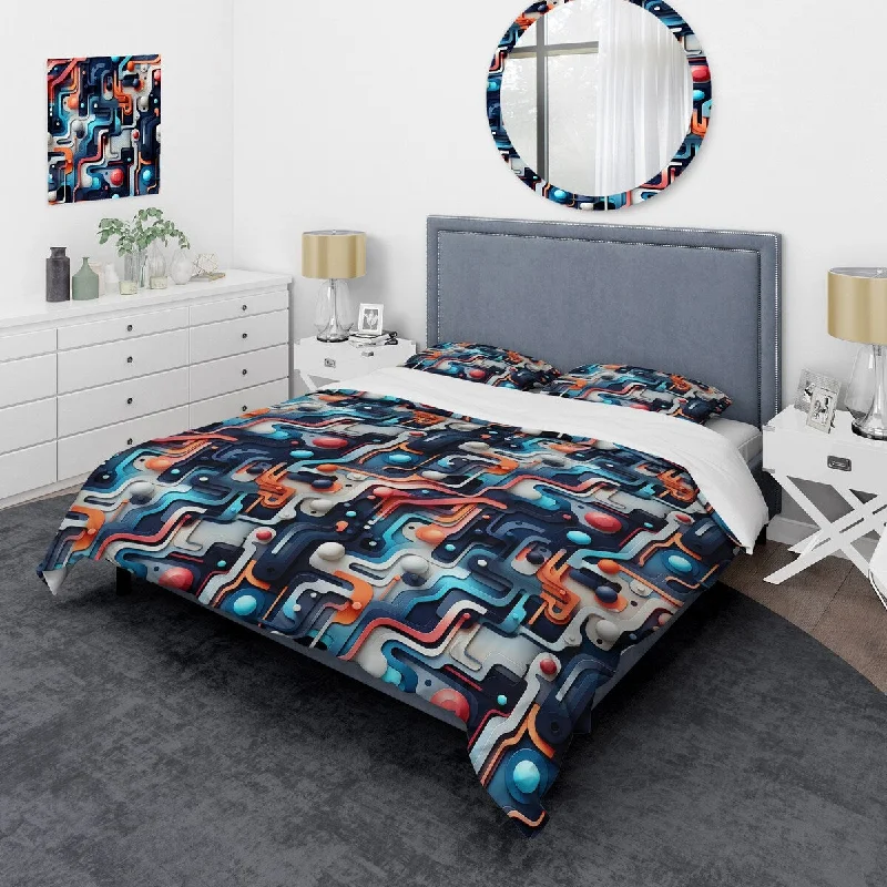 Bedroom lighting placement ideas-Designart "Blue And Orange Futuristic Matrix Vibes" Orange Modern Bedding Cover Set With 2 Shams