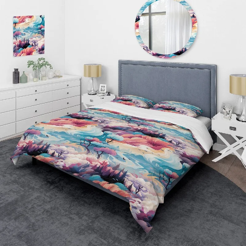 Kids bedroom paint ideas-Designart "Blue And Pink Nomad Landscape" Pink Modern Bedding Set With Shams