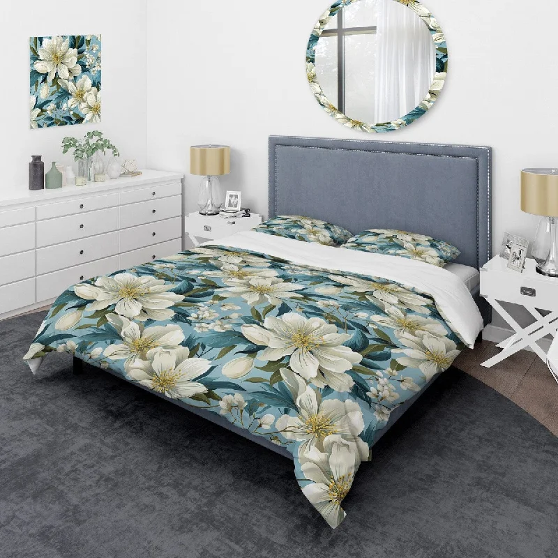 How to clean bed frames-Designart "Blue Coastal Blossoms Floral Pattern I" Cottage Bedding Set With Shams