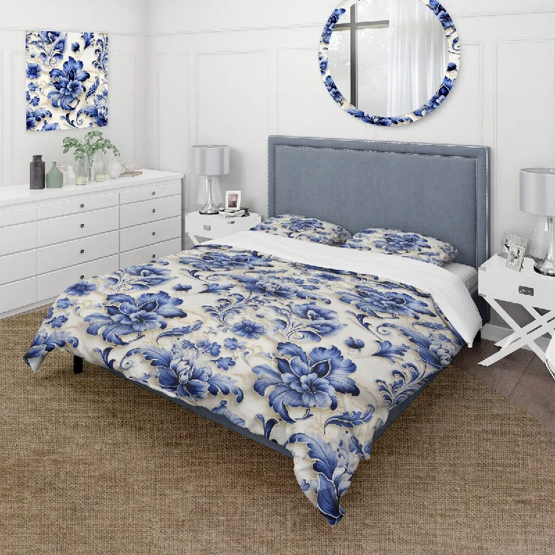 Bedroom rug decor ideas-Designart "Blue Renaissance Flourish Victorian Pattern II" Cottage Bedding Cover Set With 2 Shams