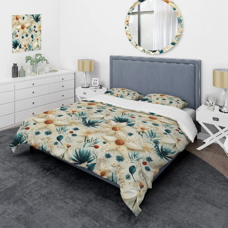 Cooling bed frame options-Designart "Boho Blue Rhododendron Retreat Flowers" Teal cottage bedding set with shams